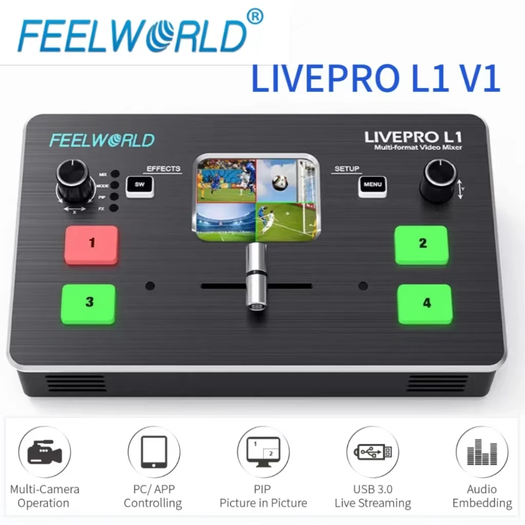 FEELWORLD 라이브 스트리밍 비디오 스위처, 멀티 포맷 스튜디오 레코드 미리보기 카메라, 유튜브, 4x HDMI 입력, HDMI, USB3.0, LIVEPRO L1 V1