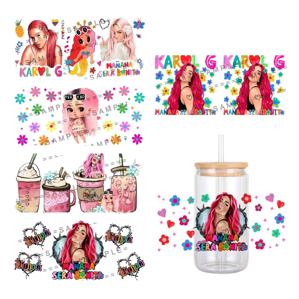Cartoon Red Hair Karol G Pattern UV DTF Transfer Sticker Waterproof Transfers Decals 16oz Glass Cup Wrap Stickers