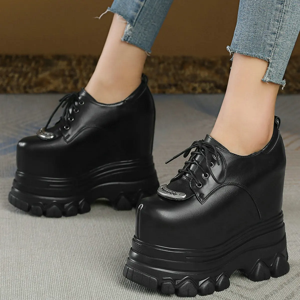 

Vulcanized Shoes Women Lace Up Genuine Leather Wedges High Heel Ankle Boots Female Round Toe Platform Pumps Shoes Casual Shoes