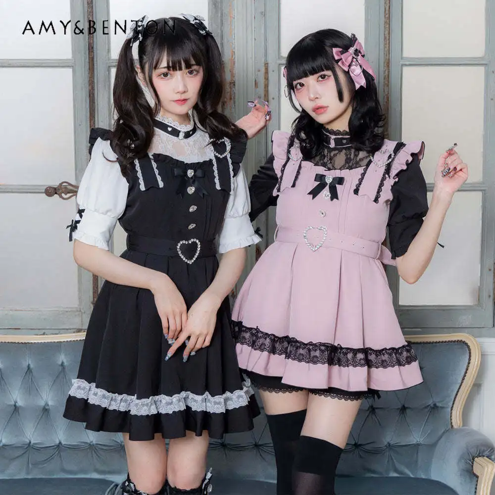 

Japanese Sweet Lolita Dresses Kawaii Fake Two-Piece Lace Stitching Bow Color Matching Mini Dress Summer New Mine A-line Dresses