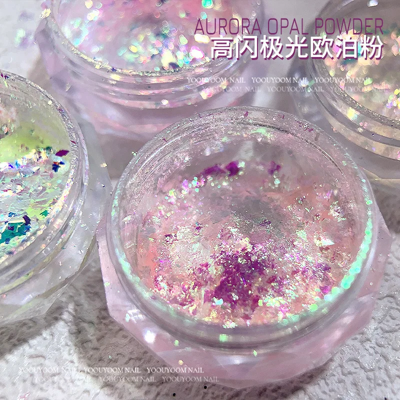 오로라 오팔 파우더 네일 글리터 불규칙 플레이크, 전문 DIY 스팽글 오팔 파우더, DIY 네일 아트 장식, 1 항아리