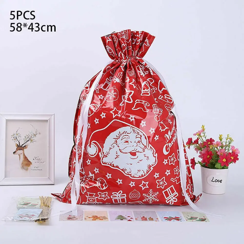 5Pcs Party Gift Bags Christmas Candy Gift Bag Plastic Drawstrings for Xmas Tree Ornament