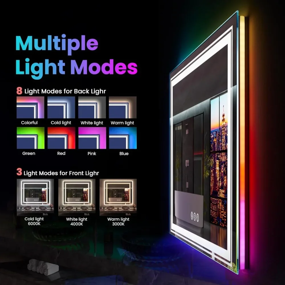 38&rdquo;X38&ldquo; LED Bathroom Mirror with Lights, Anti Fog Mirror with RGB Backlit Bathroom, Dimmable Smart Lighted Bathroom
