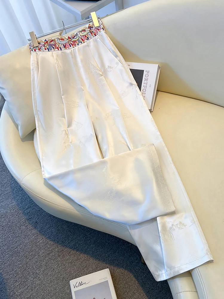 New Chinese Style Embroidered Satin Wide-Leg Pants Women Spring New High Waist Drooping Jacquard Casual Suit Pants Trousers