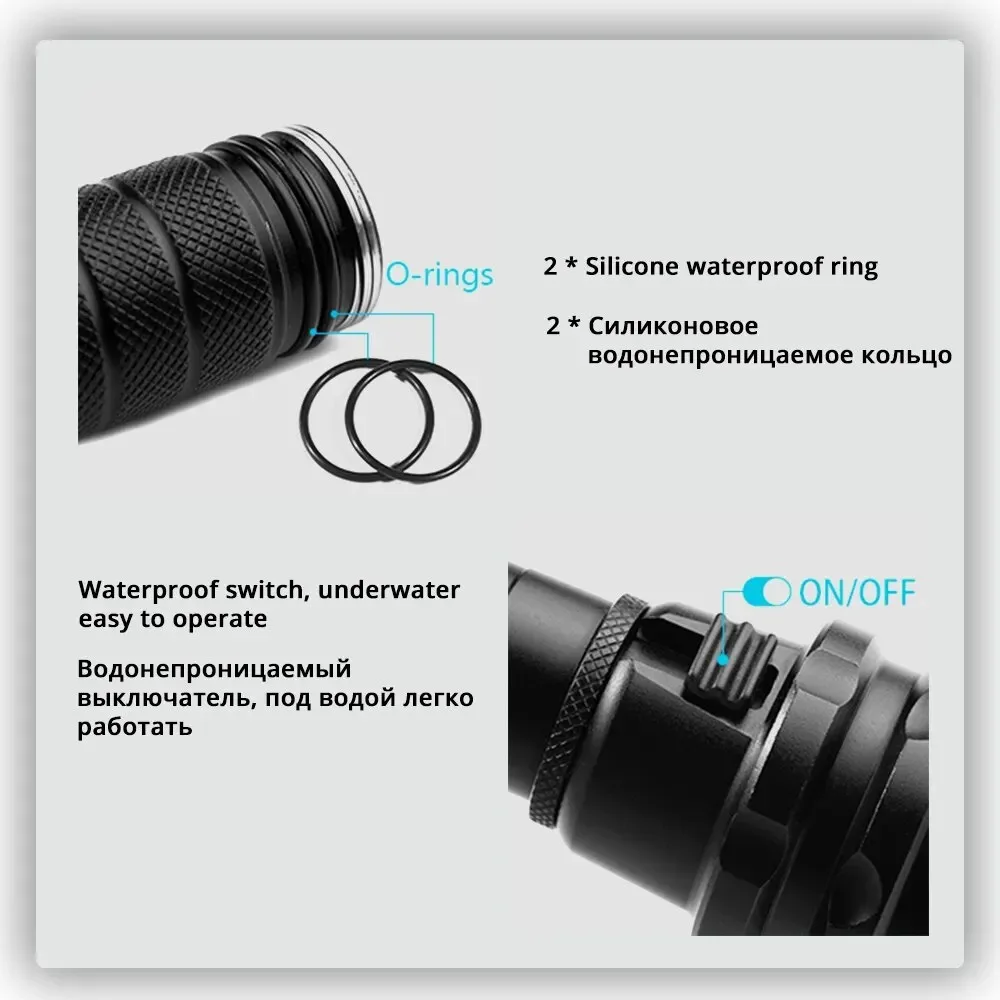 High power diving flashlight IP68 highest waterproof rating professional diving light powered by 18650 battery with hand rope