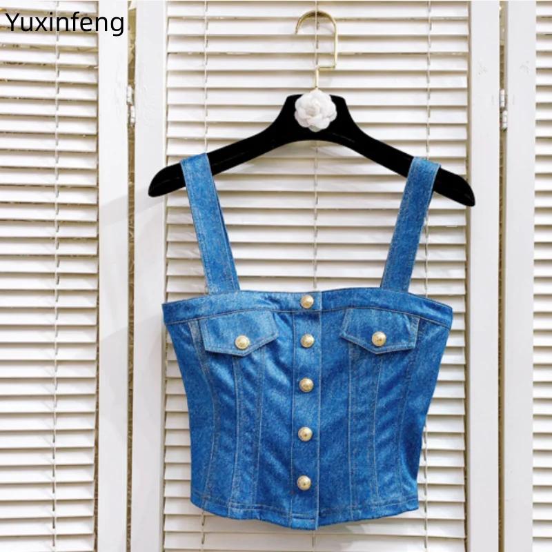 

Yuxinfeng Summer 2023 New Camis Tops Women Denim Tanks Single Breasted Slim Y2k Sexy Sleeveless Elasticity Jean Crop Top Women