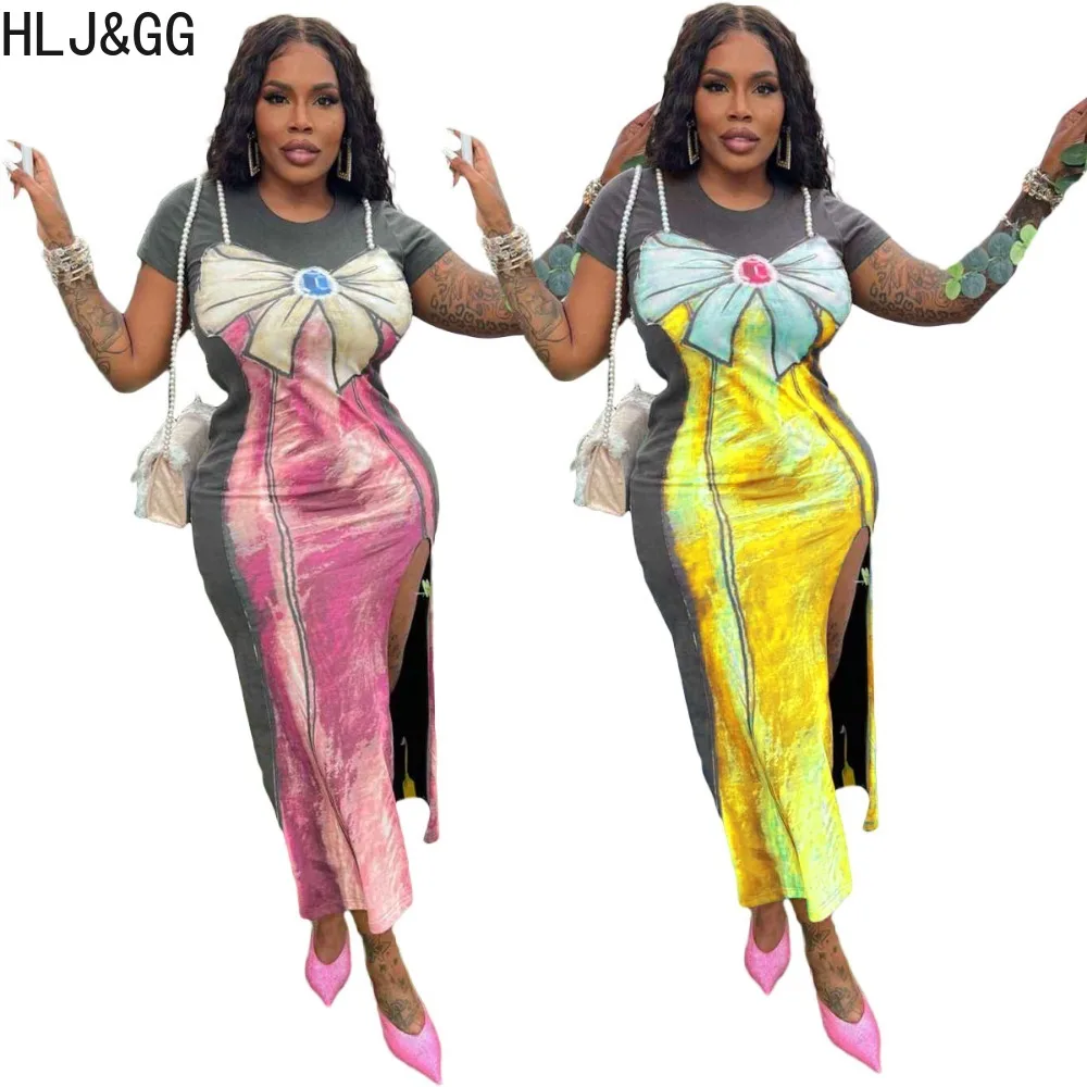 

HLJ&GG Fashion Pearls Pattern Printing Bodycon Slit Dresses Women Round Neck Short Sleeve Slim Vestidos Female Trend Streetwear