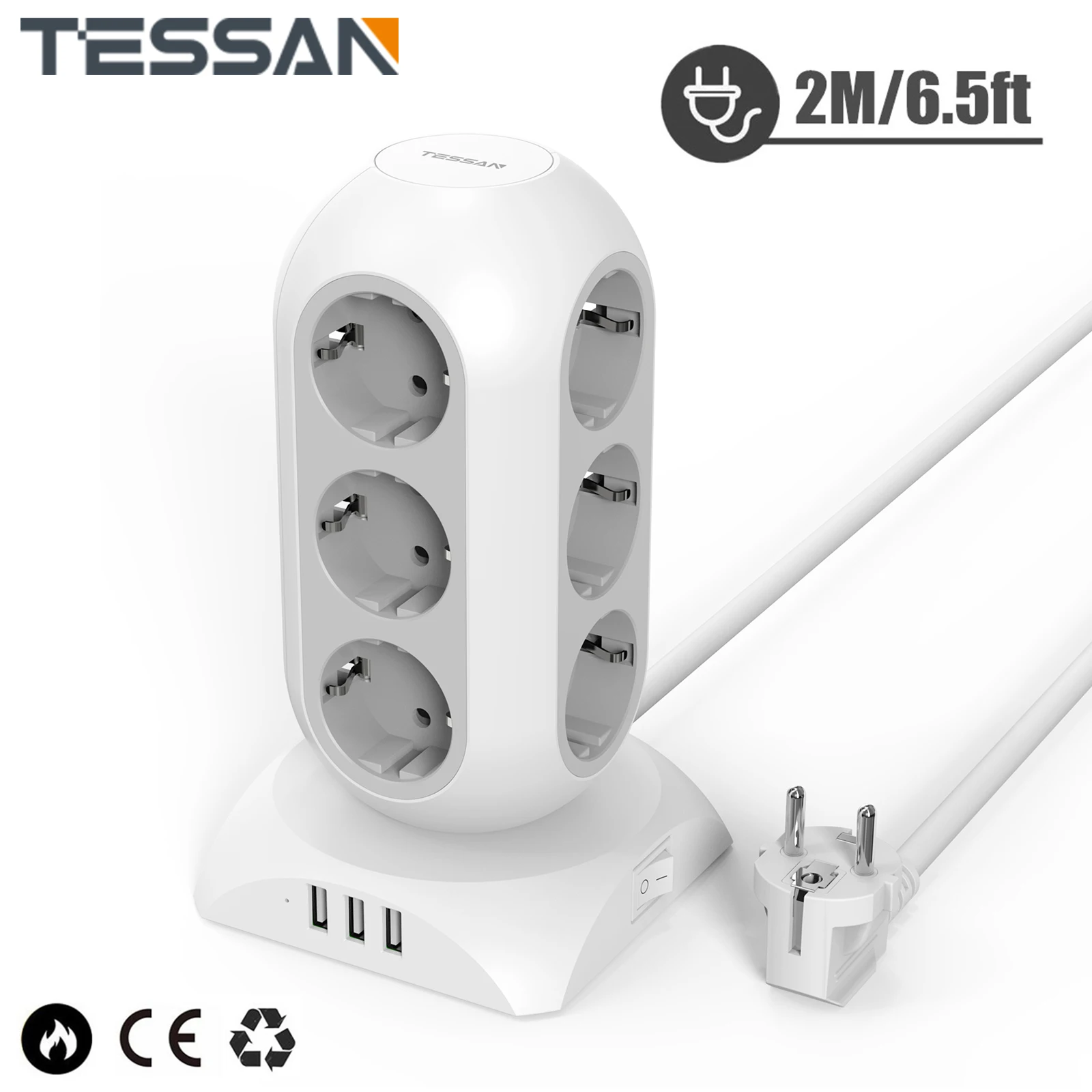TESSAN Multiple Socket Tower Power Strip with 3/12 AC Outlets and 3 USB Ports EU 1.5m/2m Extension Cable |
