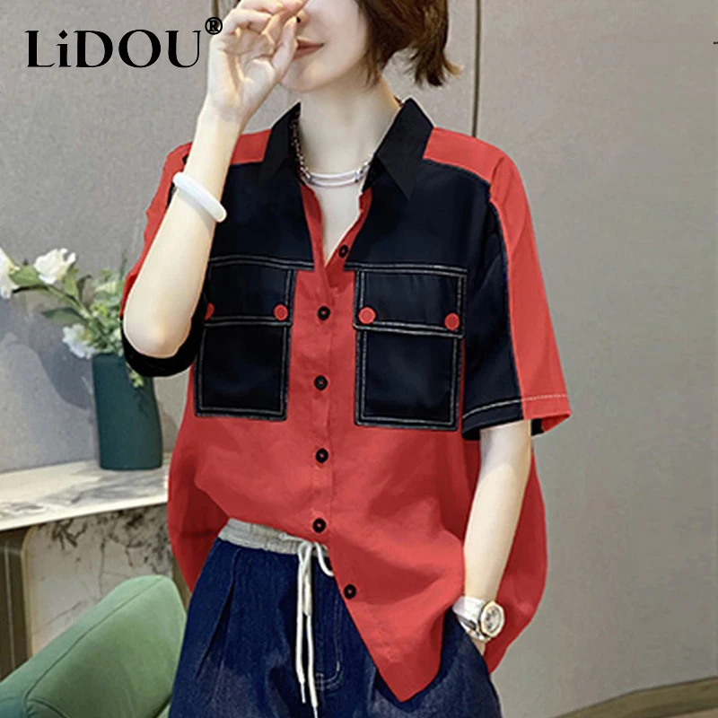

Spring Summer Streetwear Casual Fashion Patchwork Short Sleeve Shirt Ladies Loose Harajuku Y2K Buttons Blouse Women's Clothing