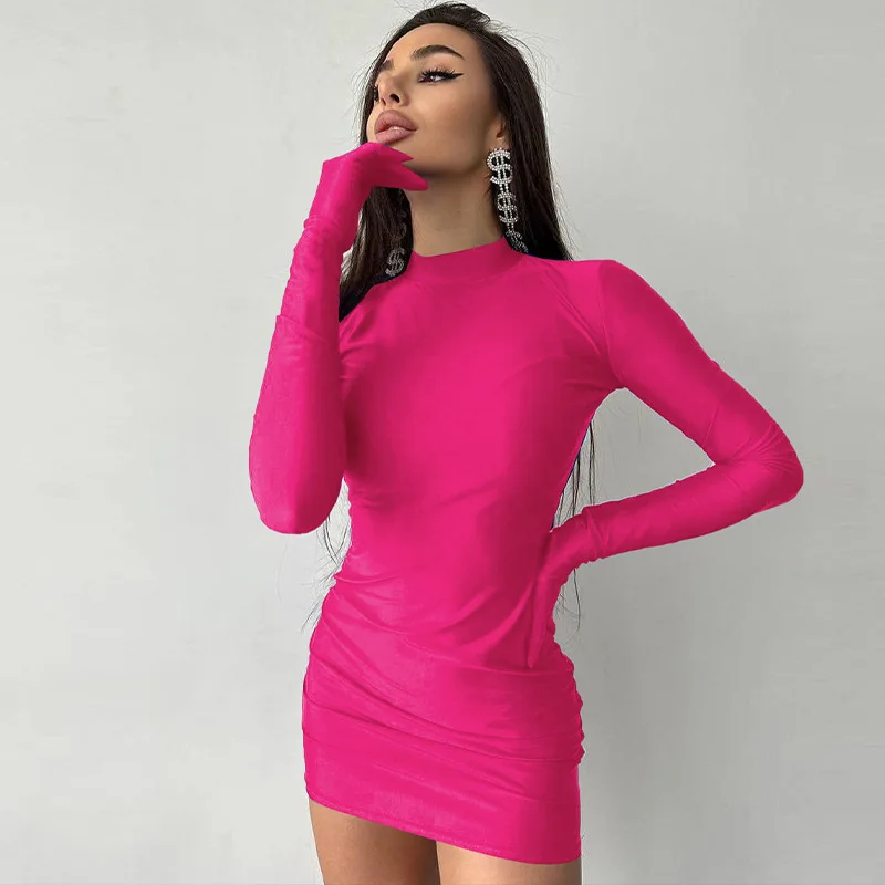 Solide Langarm Mit Handschuhe Mini Kleid Bodycon Sexy Streetwear Party Hälfte Rollkragen Outfits Y2K Kleidung Großhandel – Detail 4