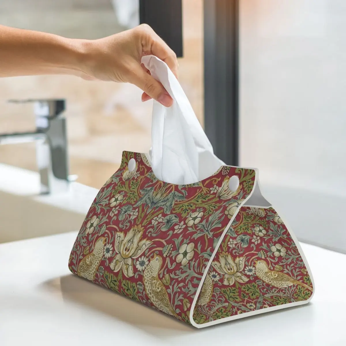 Custom William Morris Strawberry Thief Red Box Cover PU Leather Rectangular Floral Textile Pattern Facial Tissues Holder for 6