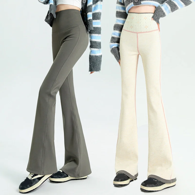 

1pc Korean Vintage Slim Winter Plush Bell Bottoms High Waist Casual Flare Pants Female Fahsion Sweet Trousers Sports Pants