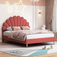 Rosahwnda Lit simple pour enfants 90/140x200 cm, lit double, tête de lit fleurie réglable en hauteur, lit rembourré pour filles, sans matelas 5