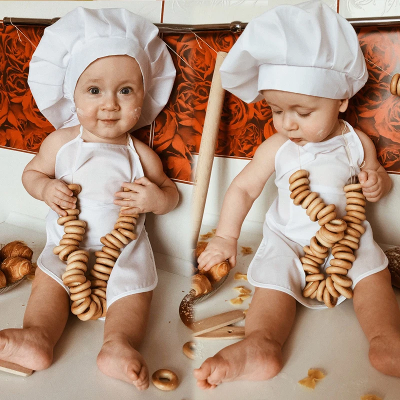 Costume Fotografico per Bambini, Outfit da Chef per Neonati e Bambini di 100 Giorni con Grembiule per Foto - immagine 3