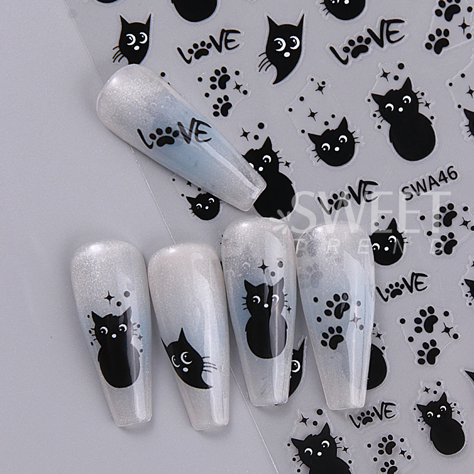 2pcs Cute Black Cat Nail Stickers Decoration Kawaii Cartoon Animal Design Y2K Stars Nail Decals Sliders Nail Art Manicure Decors