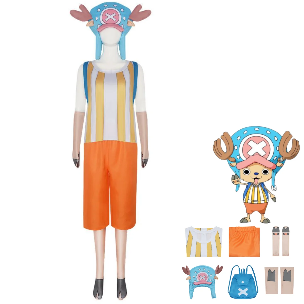 

Anime Tony Tony Chopper Cosplay Costume Thousand Sunny Plush Hat Stripe Uniform Knapsack Man Woman Kawaii Halloween Suit