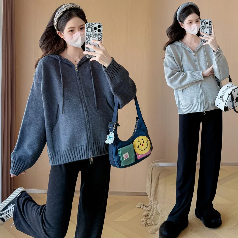 Pregnant Woman Korean Skinny Striped Sweater Cardigan Autumn Winter Casual Hoodie Jacket Maternity Outwear Stylish Coat
