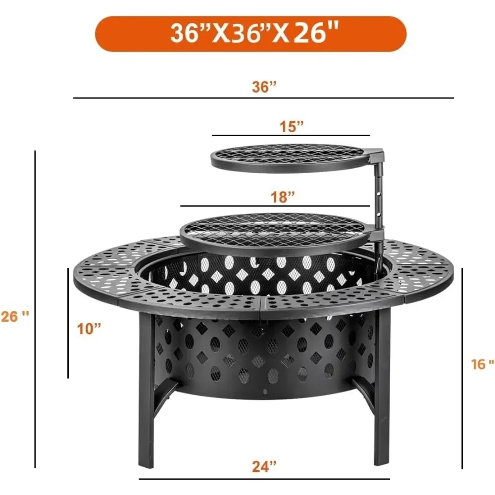36 Inch Fire Pit with 2 Grills, Wood Burning Fire Pits for Outside with Lid, Poker and Round Waterproof Cover, BBQ& Outdoor Fire 5