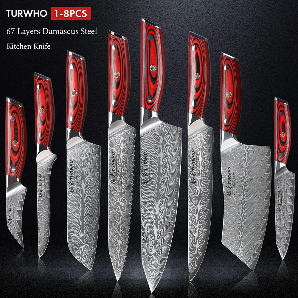 TURWHO 1 8PCS 67 Layer Damascus Steel Chef Knife Cut Meat Japanese