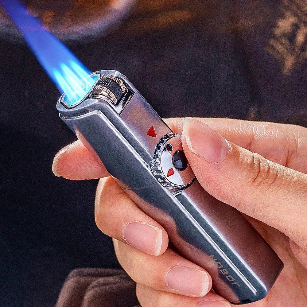 Turbine Flame Jet Blow Torch Accendino Antivento a 4 Becchi Accendino a Gas per Sigari con Scatola Elegante Butano Regolabile Gonfiabile per Barbecue All'aperto Selvaggio,Blue