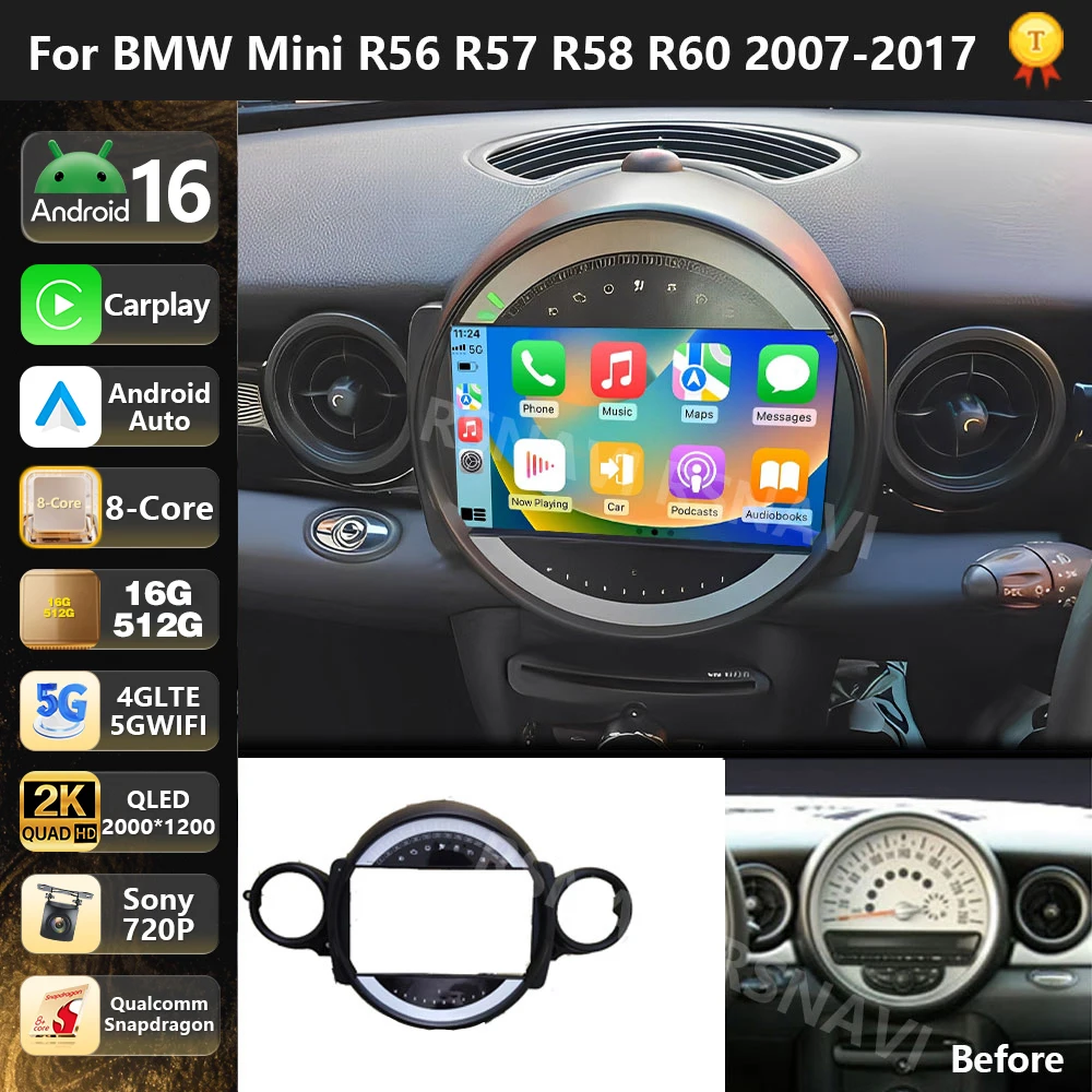 Radio Multimedia Qualcomm Android 16 para BMW MINI COOPER R56 R60 2007-2014, Reproductor Estéreo 2K QLED para Auto, CarPlay, Unidad Principal con Bluetooth 1