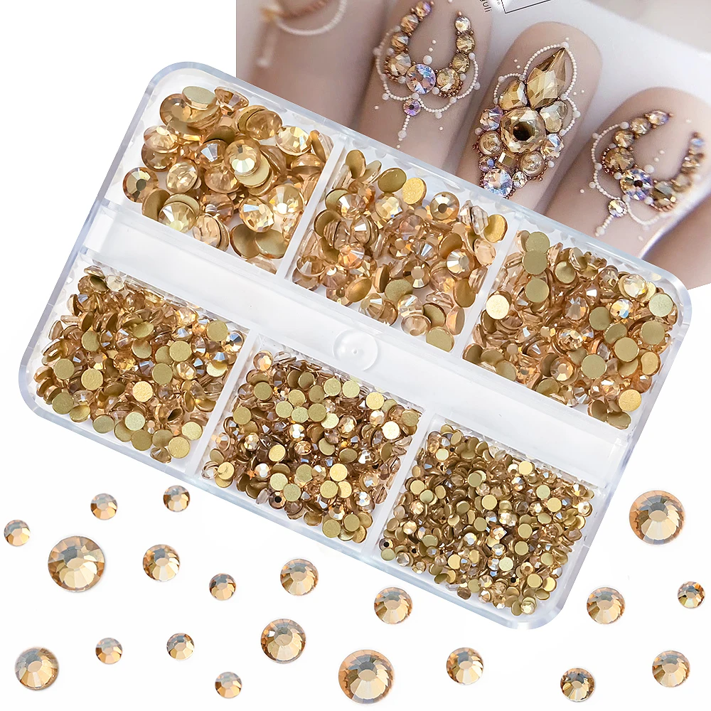 

6Grid Champagne Non Hotfix Nail Art Rhinestones Flatback Gems Super Flash Glass Crystal Diamond Rhinestone Nail Art Decorations
