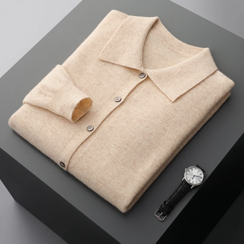Wool Cardigan Spring Autumn Minimalist Style Men Clothing  Long Sleeve Lapel Collar Neck Sweater  Loose Knitting Casual Men Tops