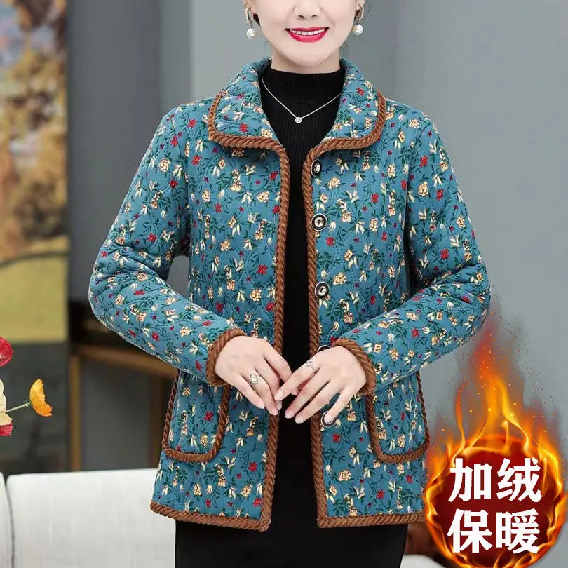 Mom Outfit Autumn and Winter New Lapel Cardigan Printing Button Pockets Splicing Fleece for Warmth Versatile Long Sleeves Coat