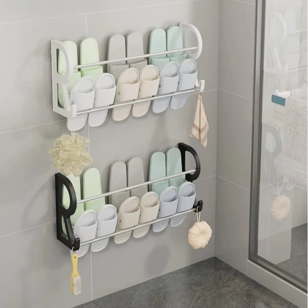 Wall Mounted Shoe Rack Simple Bathroom Slipper Rack Multi-functional Nail Free Kitchen Hole Free Door Back Shoe