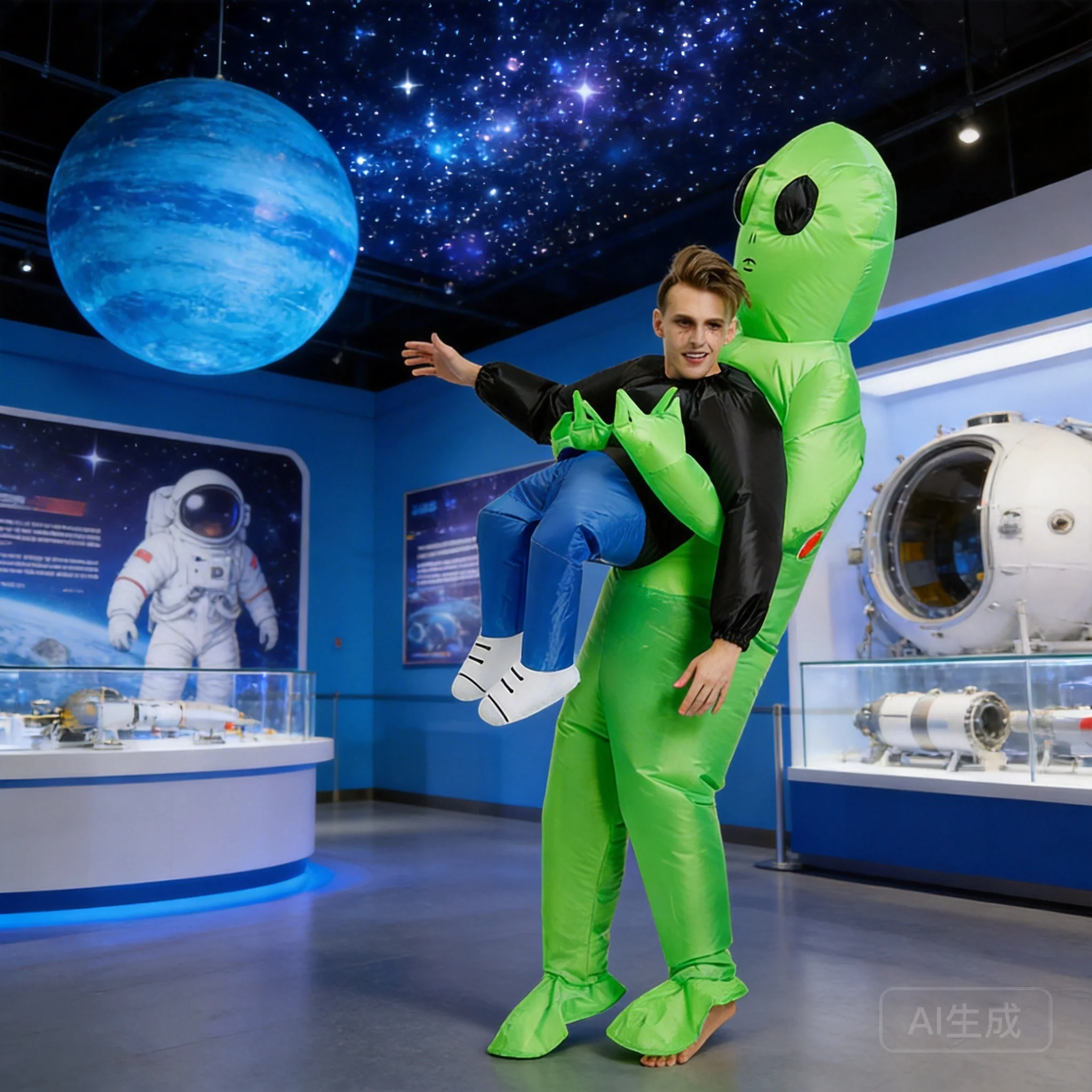 Disfraz de alien cargando humano