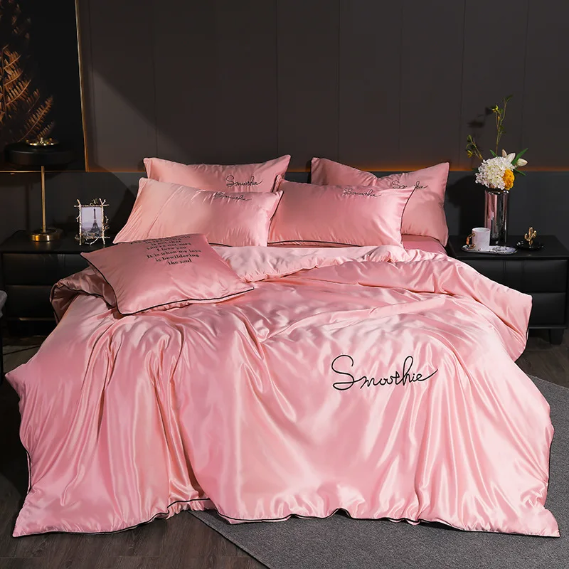 

New Washed Silk Bedding Set Luxury Solid Color Bedspread Summer Cool Bed Linen Quilt Cover PillowsCase Comforter Bedsheets Sets