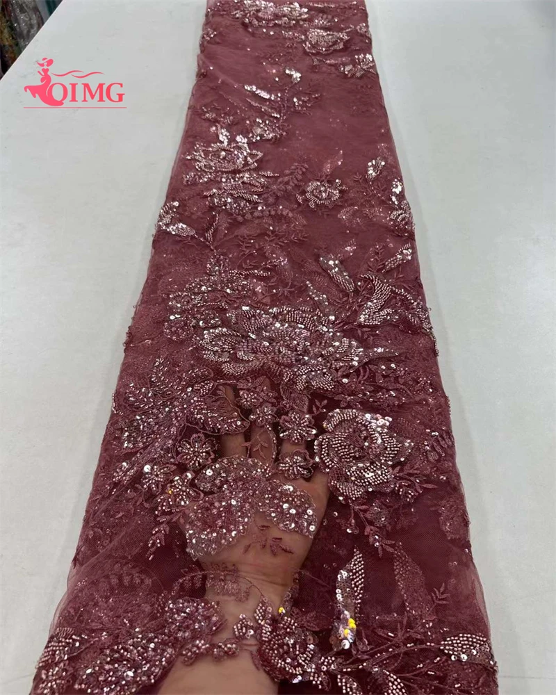 

OIMG Latest High End Dubai Heavy Beaded Lace Fabrics 2023 Luxury Nigeria Net Sequins Lace Fabric Material For Wedding Dresses