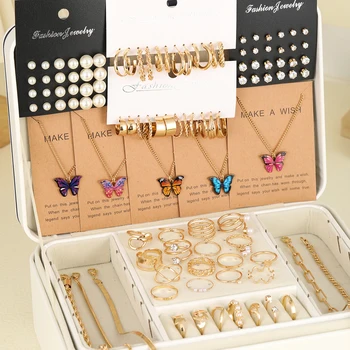 104 Pcs/Set Fashion Metal Pearl Zircon Earrings Butterfly Necklaces Bracelets Rings Combinations Jewelry Sets For Women's Gifts 1