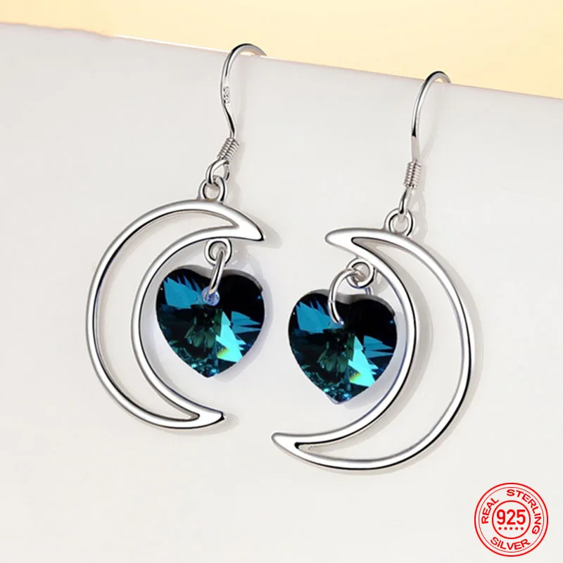 

925 Sterling Silver Moon Heart Blue Crystal Drop Earrings For Women Wedding Jewelry
