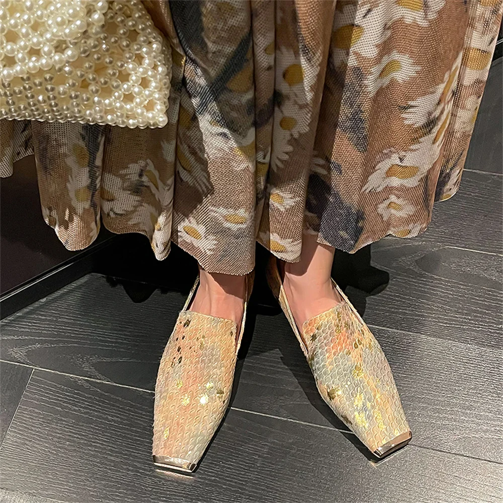 

2023 Spring/Autumn New Fashion Women's Flat Square Toe Slip On Pumps Catwalk shows Metal