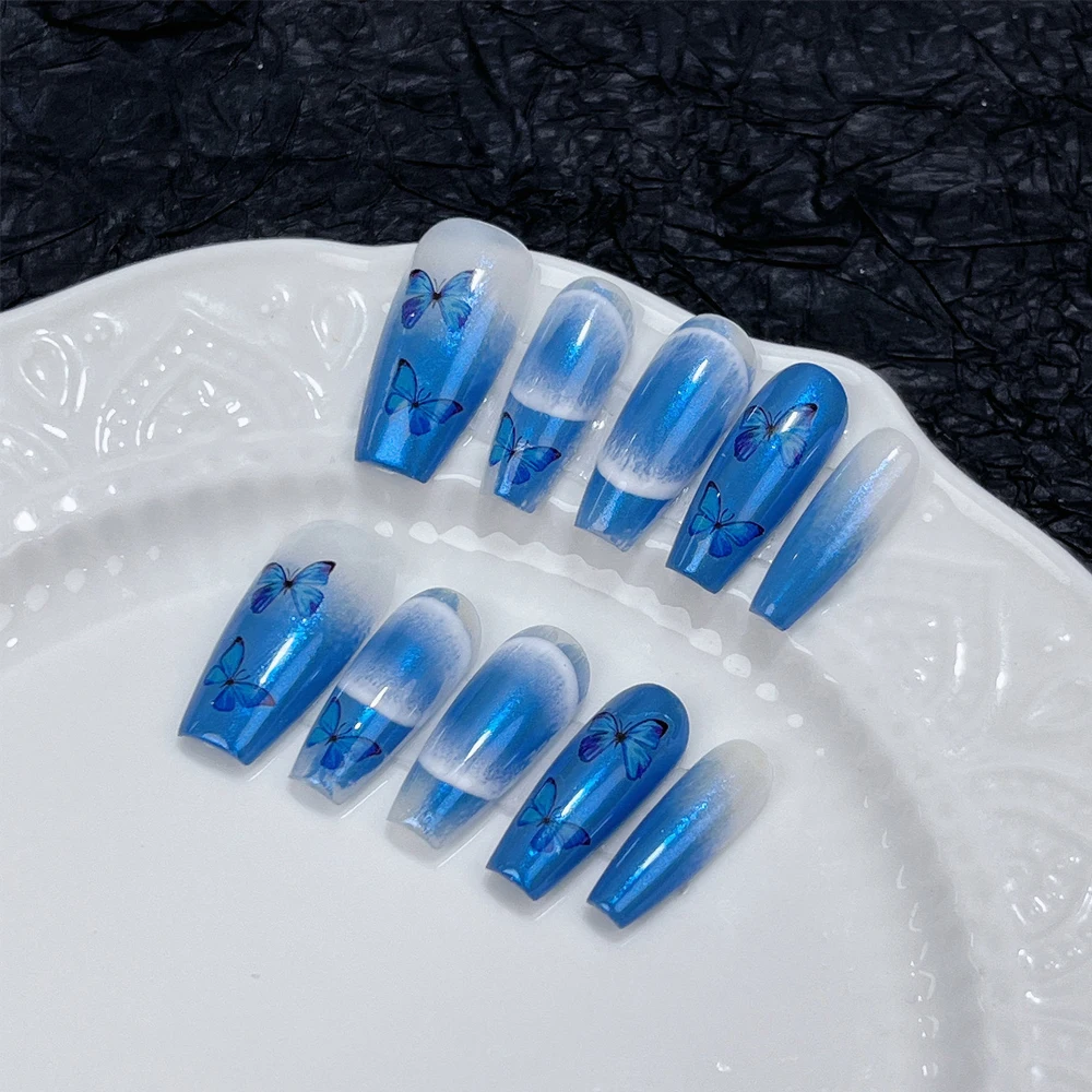 10 Pcs Blue Butterfly Design Handmade Fake Nails Luxury Wearable French Coffin Long Full Cover Press On Nails Cute y2k Nail Tips