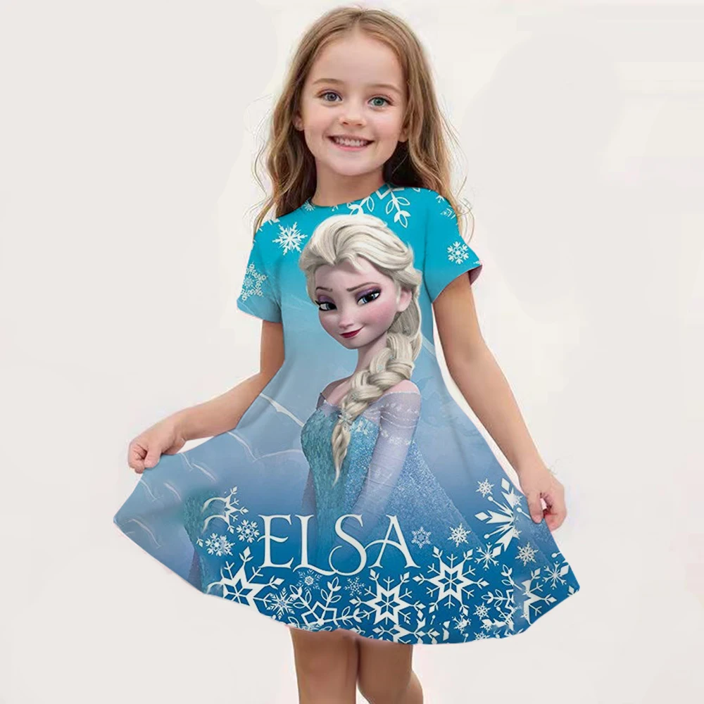 Cartoon Frozen Disneyland Trip Casual Dress For Little Girl Soft Princess Frock Kid Elsa Print Snow Queen A Line Summer Clothing