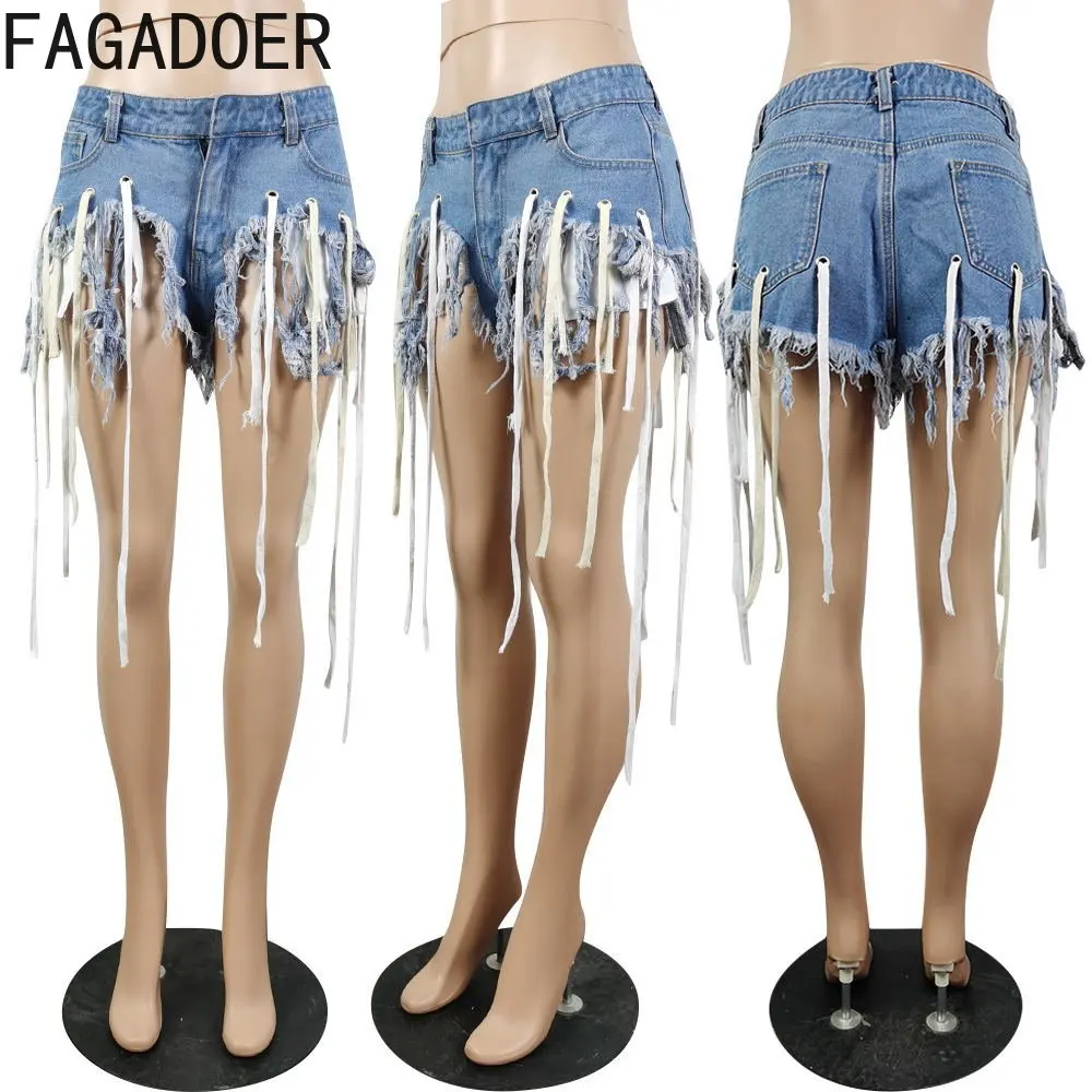 FAGADOER Fashion Streetwear Women Tassels Design Denim Shorts Female High Waist Button Zipper Cowboy Shorts Casual Bottoms Blue