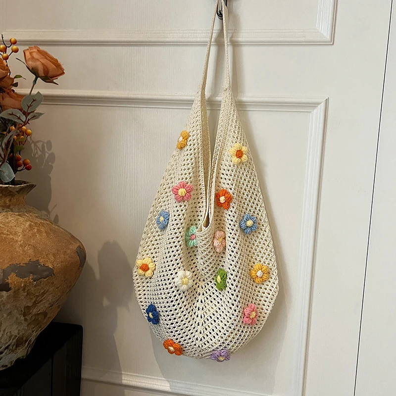 Women Flower Knitted Shoulder Bag Fashion Handbag Lightweight Crochet Tote Bag Casual Top Handle Bag Outdoor Travel Bag