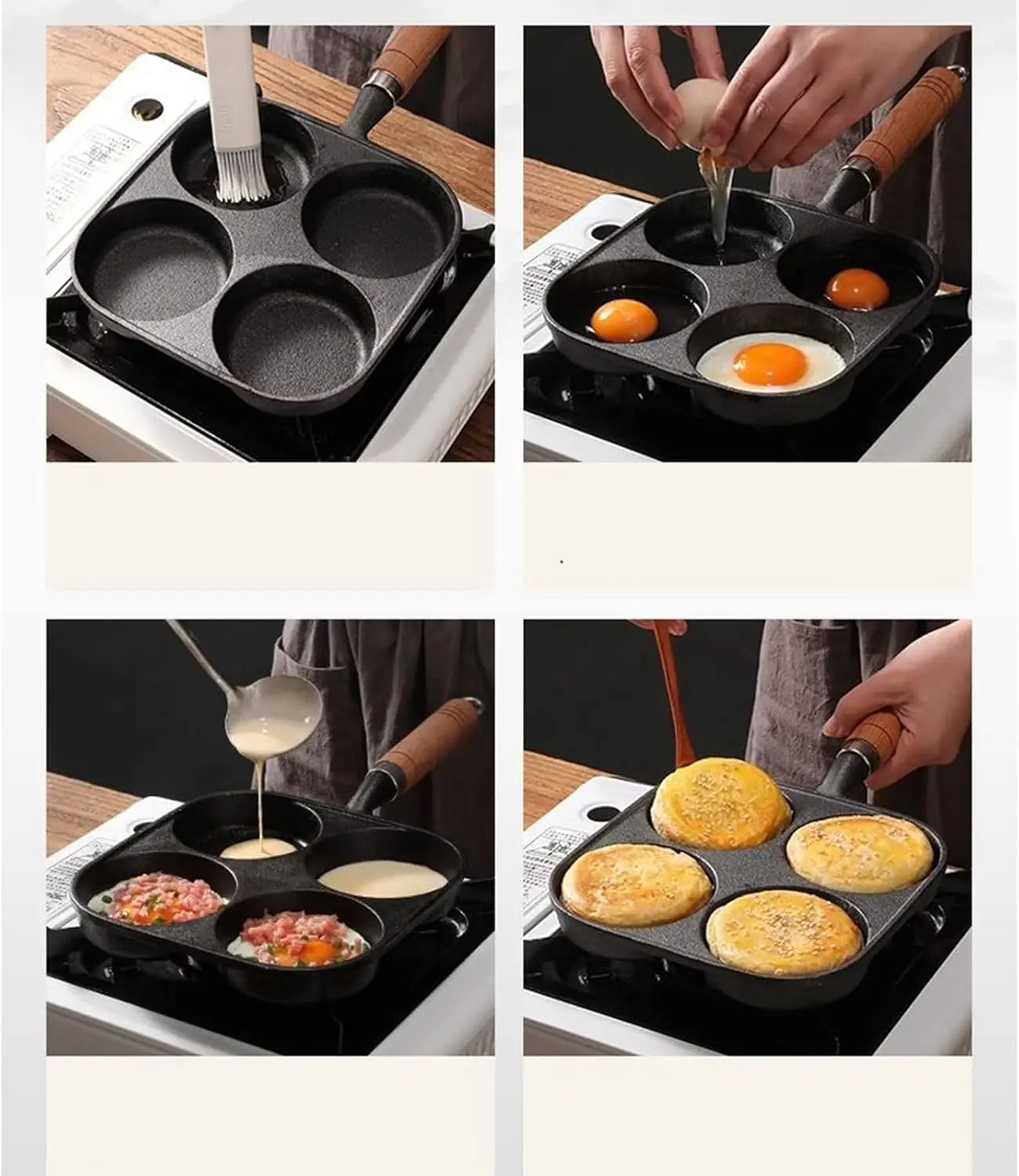 Non-stick Frying Pan 4 cup Cast Iron Egg Pan Divided Baking Pan with Wooden Handle Omelette Pan for Eggs Steak and Burgers 3