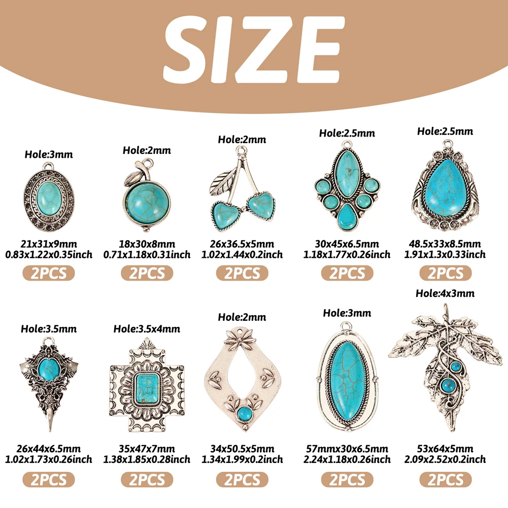20Pcs Dyed Synthetic Turquoise Tibetan Style Alloy Pendants Charms for Bohomia Earrings Necklace Jewelry DIY Making