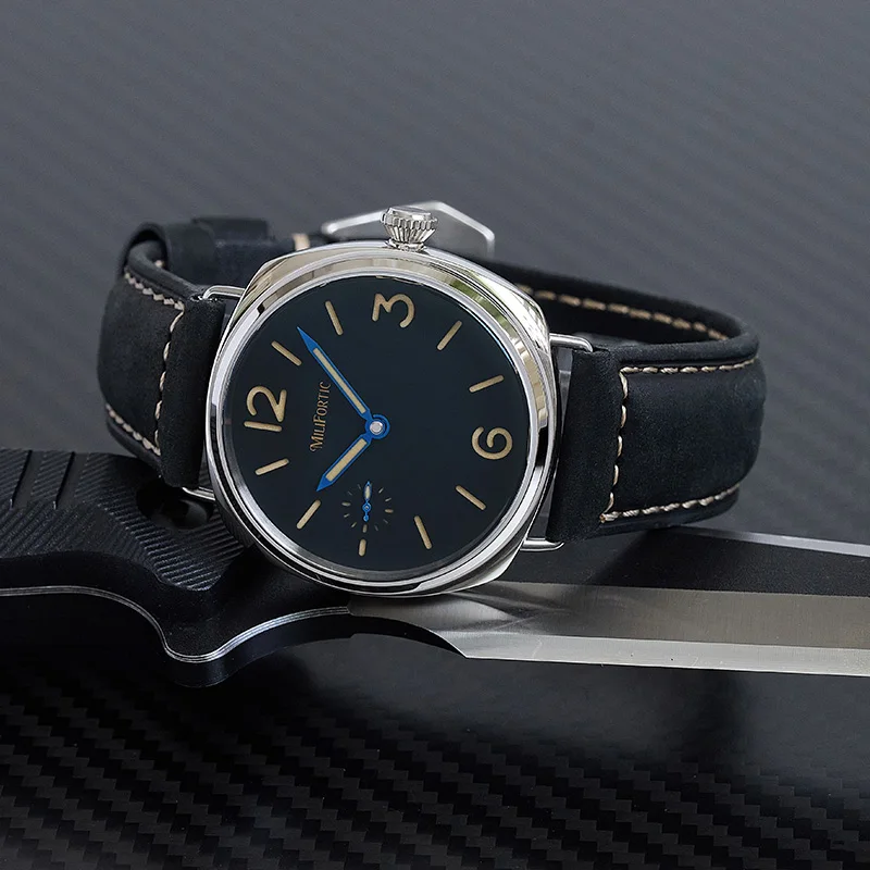 Milifortic Sandwich Mechanical Watch Heat Blue Hands Matte Leather 10Bar 316L Stainless Steel Hand Winding Retro Watches