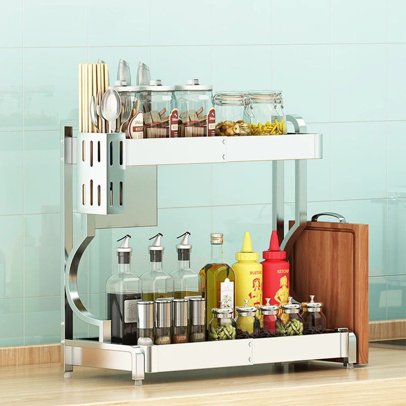 

AOLIVIYA 304 Stainless Steel Kitchen Retractable Shelf Countertop Sink Seasoning Bottle Storage Rack Cabinet Tableware Organizer