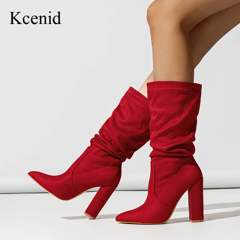 

Kcenid Women Mid Calf Shoes Square Heel Pointed Toe Ankle Boots For Women Fashion Pleated Autumn Winter Shoes Size 35-42