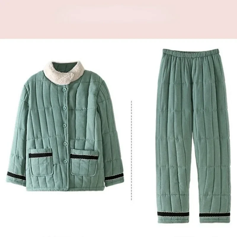 Winter New Women Pajamas Female Three-layer Cotton Loungewear Warm Plush Thickening Sleepwear Loose Solid Color Homewear Set