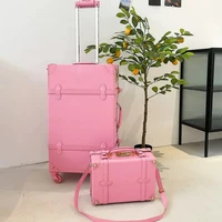 Retro PU Leather Suitcase Trolley Case 20inch Carry on Luggage Pink Girls Cabin Case 2PCS Female Travel Luggage Set