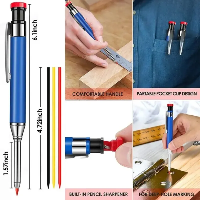 Durable Metal Carpenter Pencil Set with Built-in Sharpener and Refill Leads