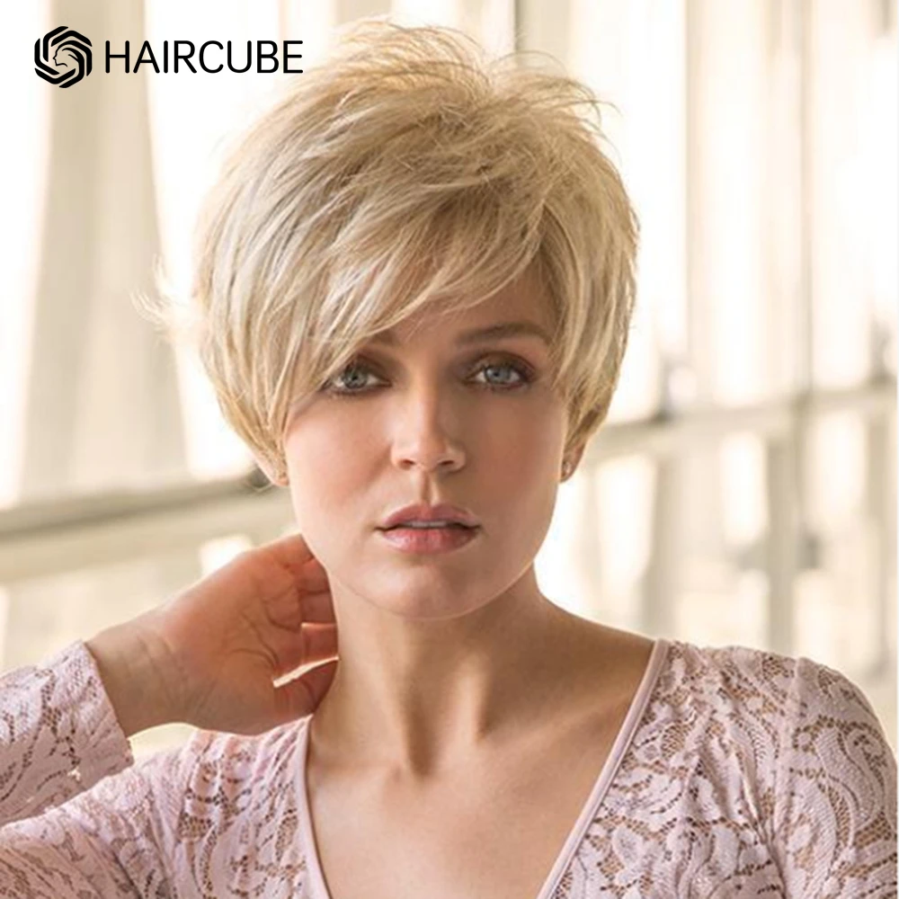 Haircube Women's Short Blonde Wigs Synthetic Pixie Cut Wig Blend Human