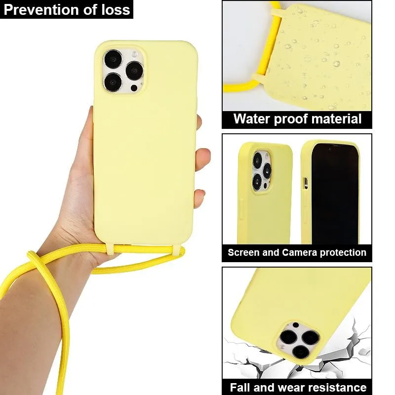 Vibrant Yellow Liquid Silicone TPU Phone Case with Lanyard and Shockproof Protection