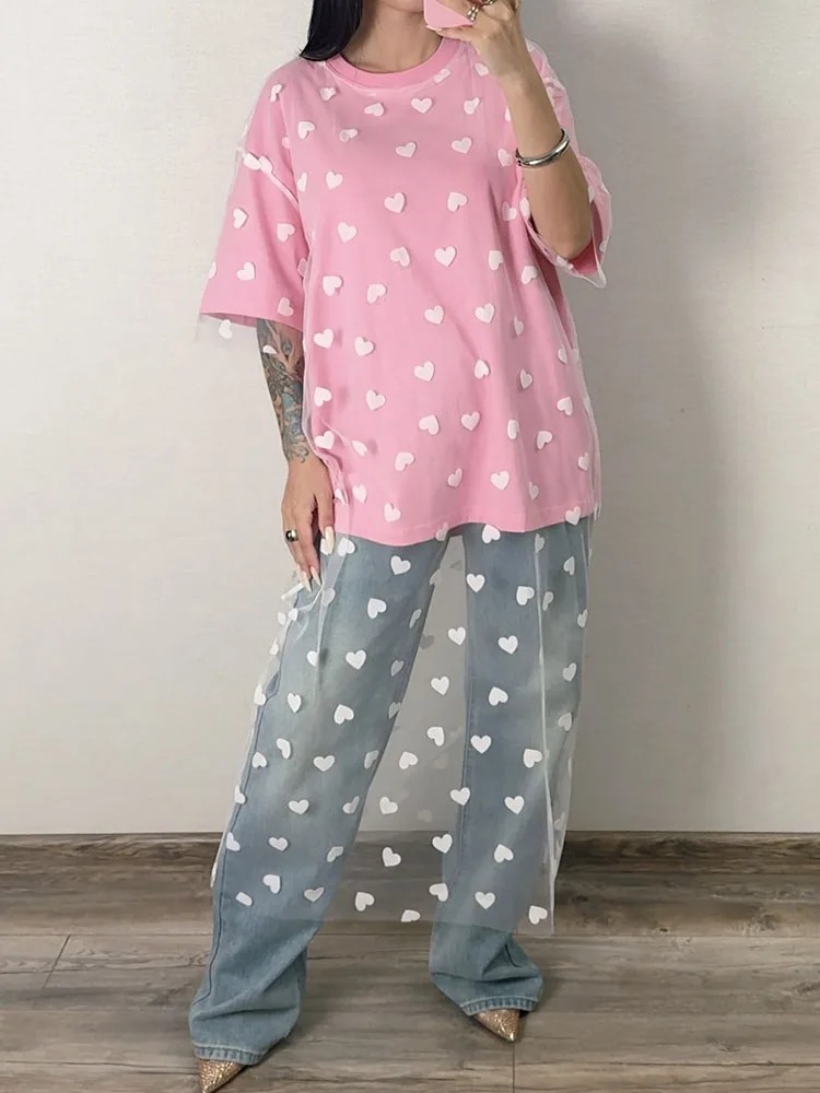 Long Mesh T Shirt Dress For Women Short Sleeve Heart Tulle Fake Two Piece Dresses WOmen's White Loose Maxi Dress With Heart Red